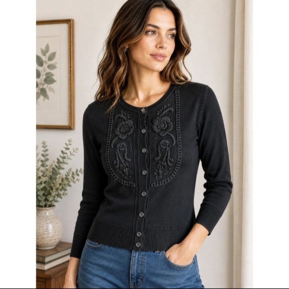 Anthropologie Tabitha Black Embroidered Cardigan Sweater Small Floral Cotton